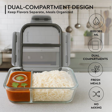 Homepuff Borosilicate Glass Lunch Box with 2 Compartments and Airtight Leak-Proof Lid